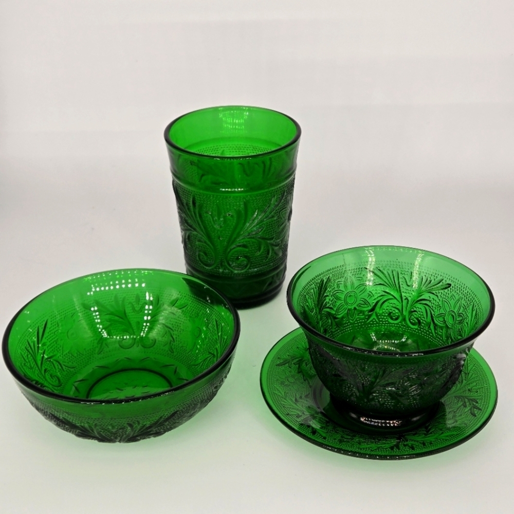 4 Pc Anchor Hocking Green Sandwich Glass Set Vintage Depression Glass USA Made